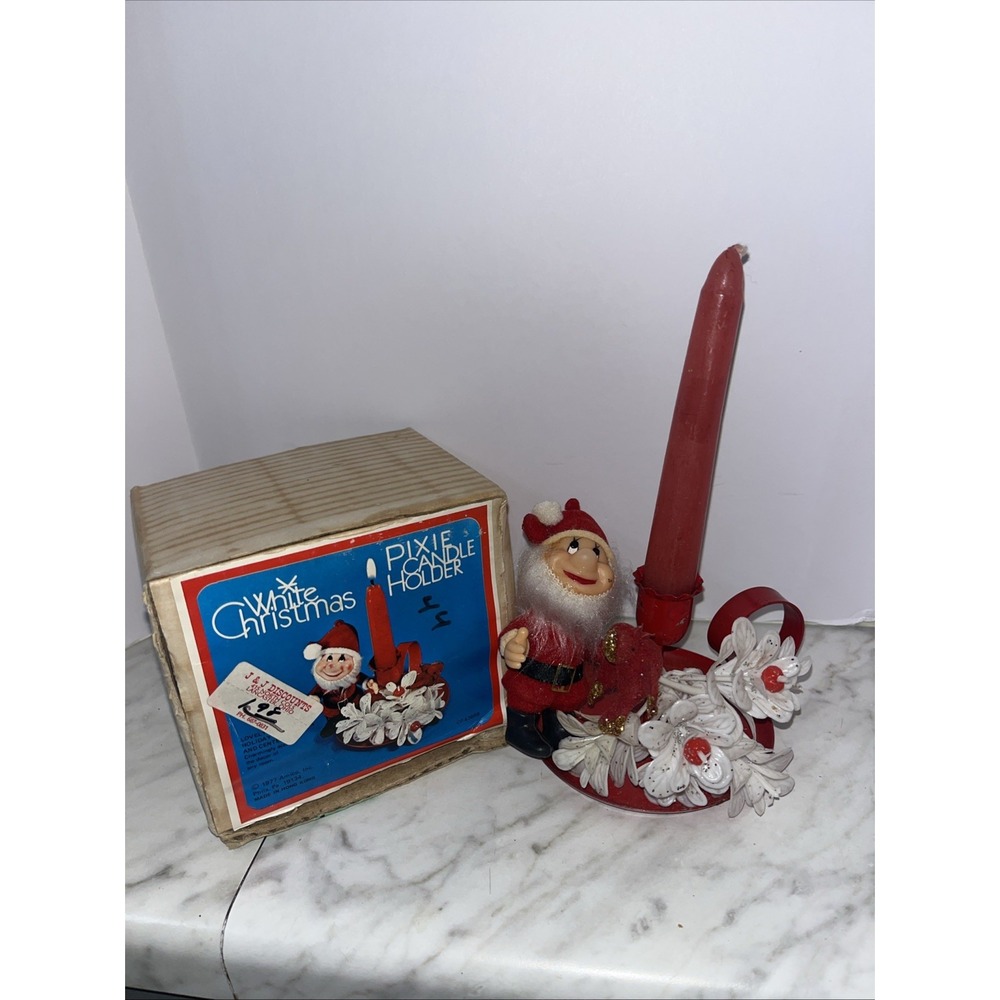 1977 VTG Christmas Pixie Candle Holder w Flowers Bird Amico  Original Box